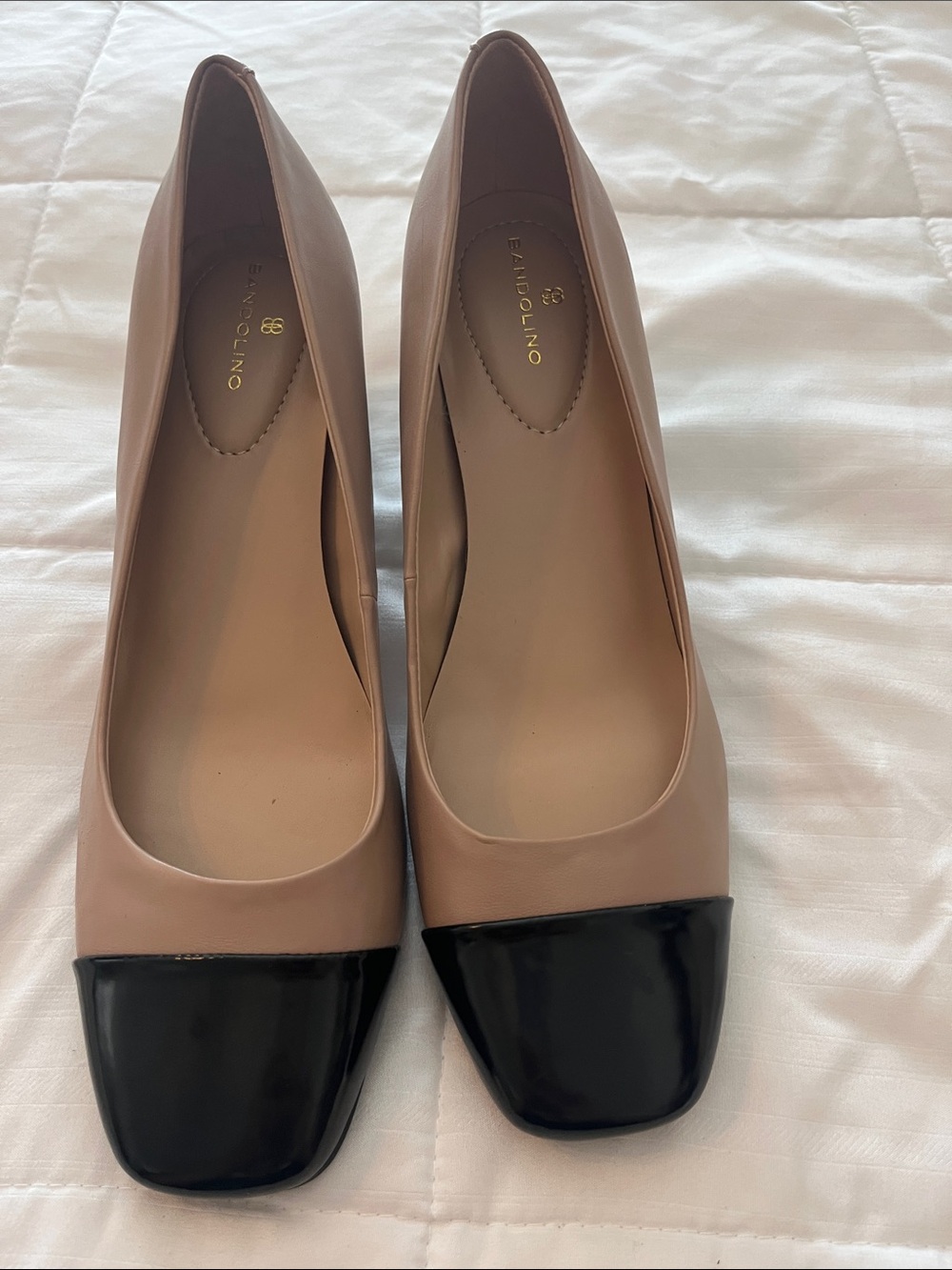 Bandolino Nude and Black Square-Toe Cap-Toe Flats